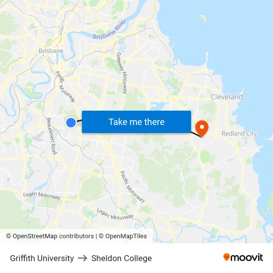 Griffith University to Sheldon College map