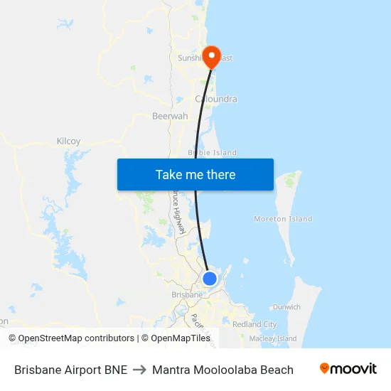 Brisbane Airport BNE to Mantra Mooloolaba Beach map