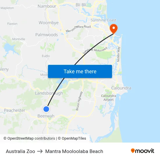 Australia Zoo to Mantra Mooloolaba Beach map