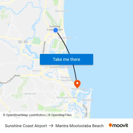 Sunshine Coast Airport to Mantra Mooloolaba Beach map
