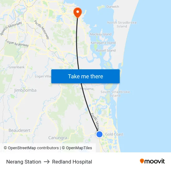 Nerang Station to Redland Hospital map