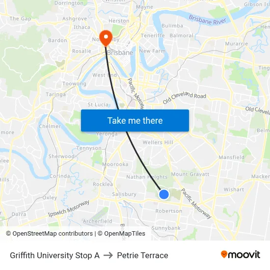 Griffith University Stop A to Petrie Terrace map