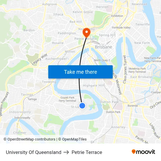 University Of Queensland to Petrie Terrace map