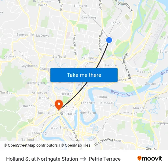 Holland St at Northgate Station to Petrie Terrace map