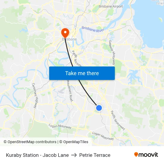 Kuraby Station - Jacob Lane to Petrie Terrace map