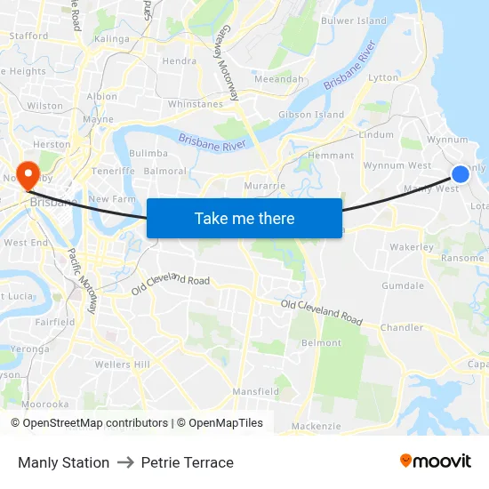 Manly Station to Petrie Terrace map