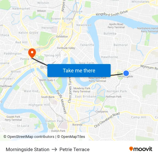 Morningside Station to Petrie Terrace map