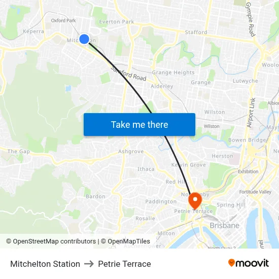 Mitchelton Station to Petrie Terrace map