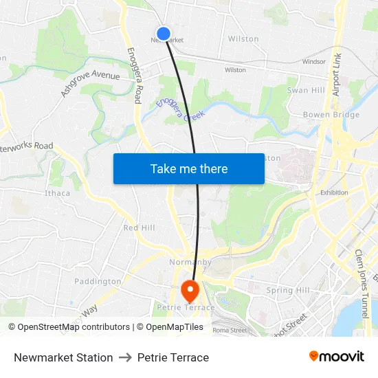 Newmarket Station to Petrie Terrace map