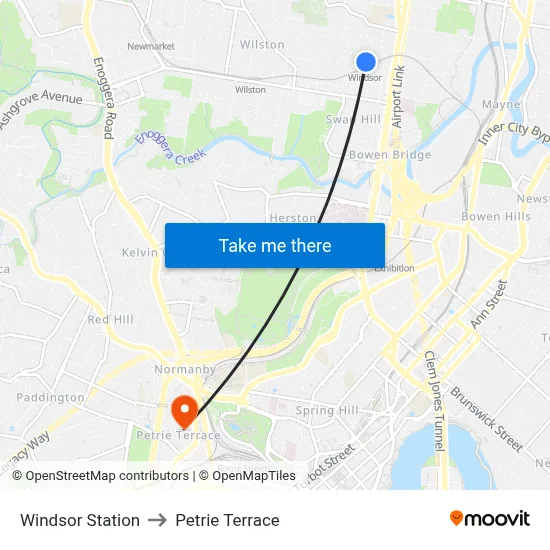 Windsor Station to Petrie Terrace map