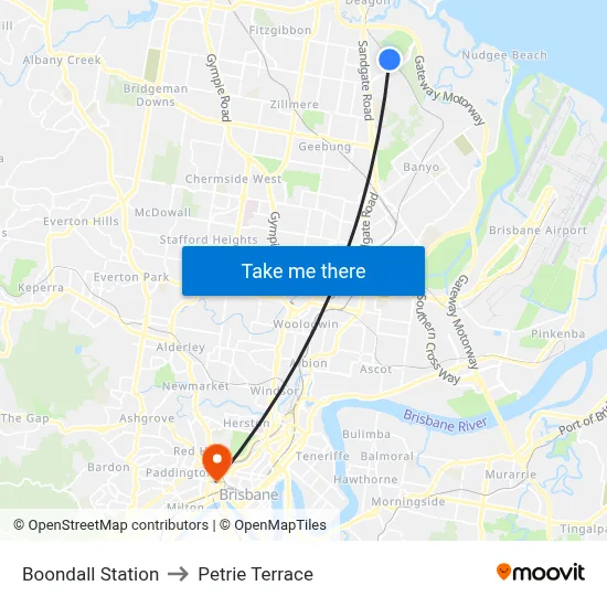 Boondall Station to Petrie Terrace map