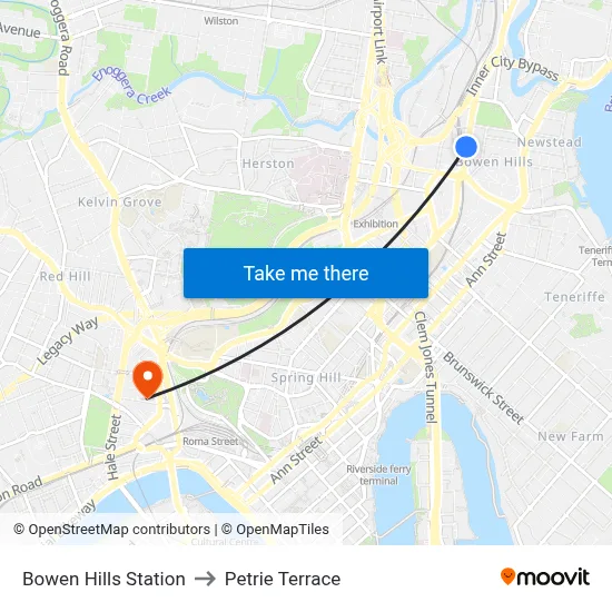 Bowen Hills Station to Petrie Terrace map