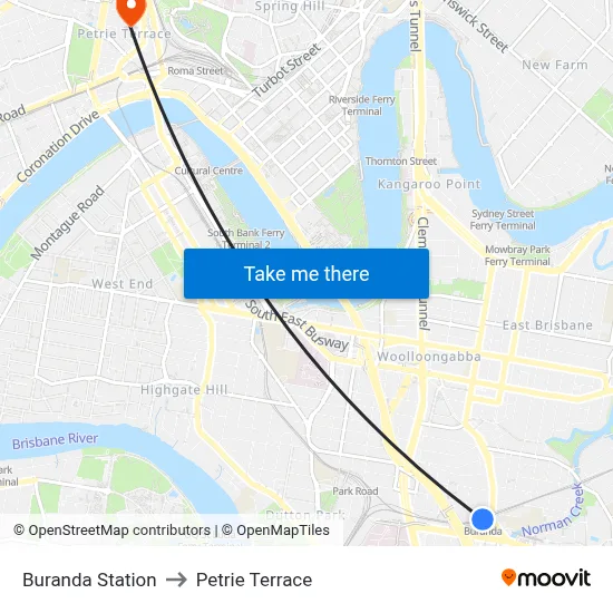 Buranda Station to Petrie Terrace map