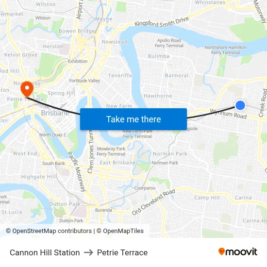 Cannon Hill Station to Petrie Terrace map