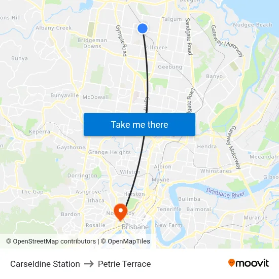 Carseldine Station to Petrie Terrace map