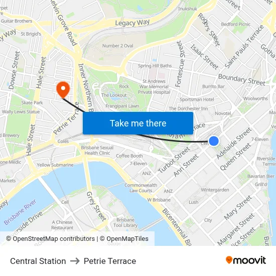 Central Station to Petrie Terrace map