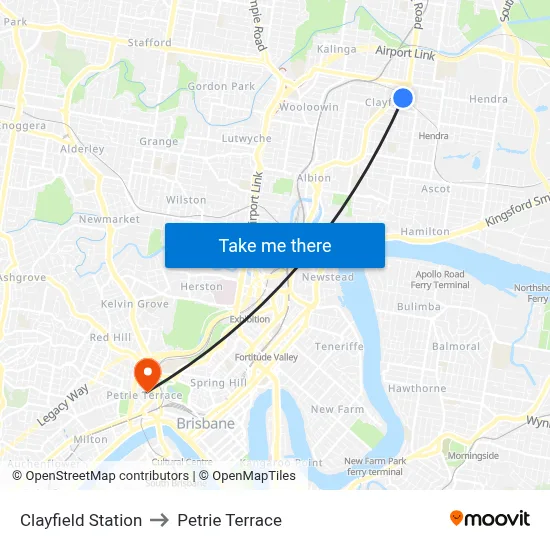 Clayfield Station to Petrie Terrace map