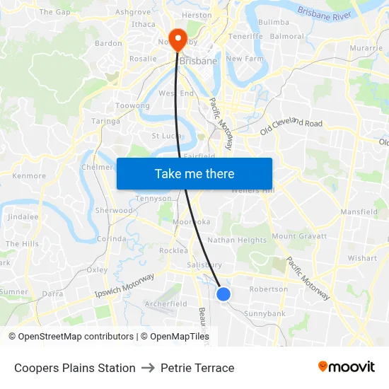 Coopers Plains Station to Petrie Terrace map