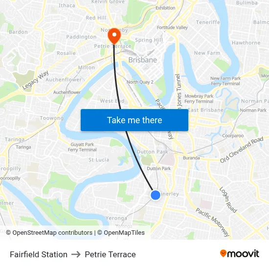 Fairfield Station to Petrie Terrace map
