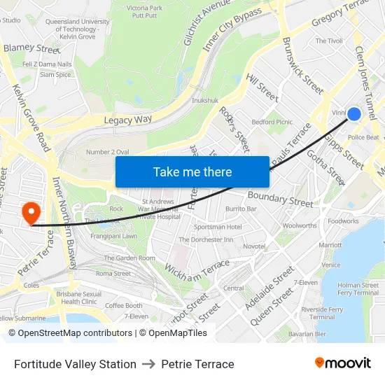 Fortitude Valley Station to Petrie Terrace map