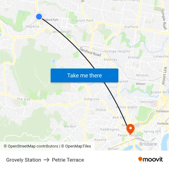 Grovely Station to Petrie Terrace map