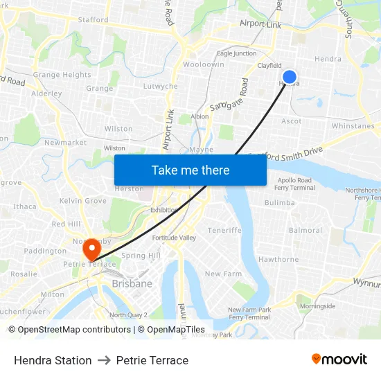 Hendra Station to Petrie Terrace map