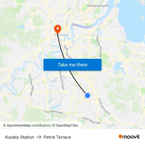 Kuraby Station to Petrie Terrace map