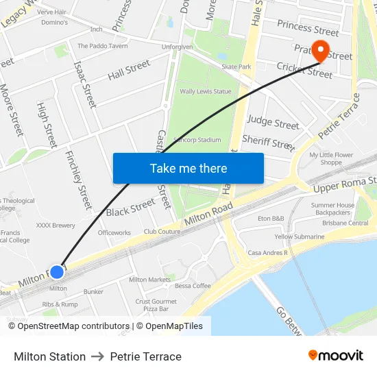 Milton Station to Petrie Terrace map