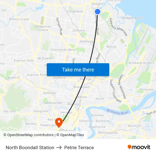 North Boondall Station to Petrie Terrace map