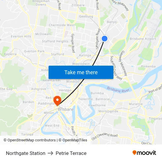 Northgate Station to Petrie Terrace map