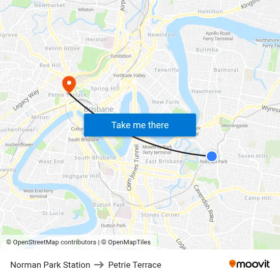 Norman Park Station to Petrie Terrace map