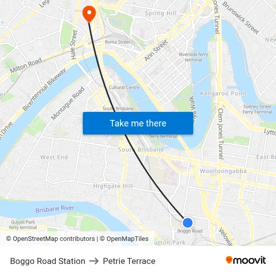 Boggo Road Station to Petrie Terrace map