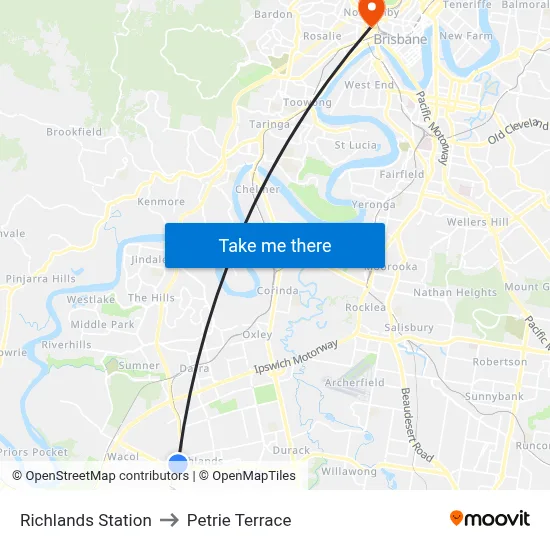 Richlands Station to Petrie Terrace map