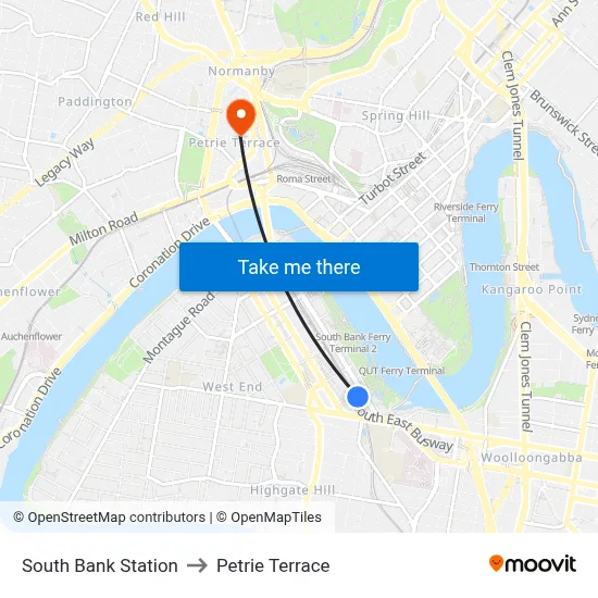 South Bank Station to Petrie Terrace map