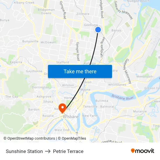 Sunshine Station to Petrie Terrace map