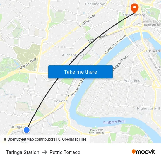 Taringa Station to Petrie Terrace map