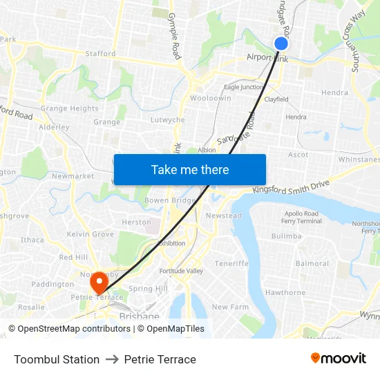 Toombul Station to Petrie Terrace map