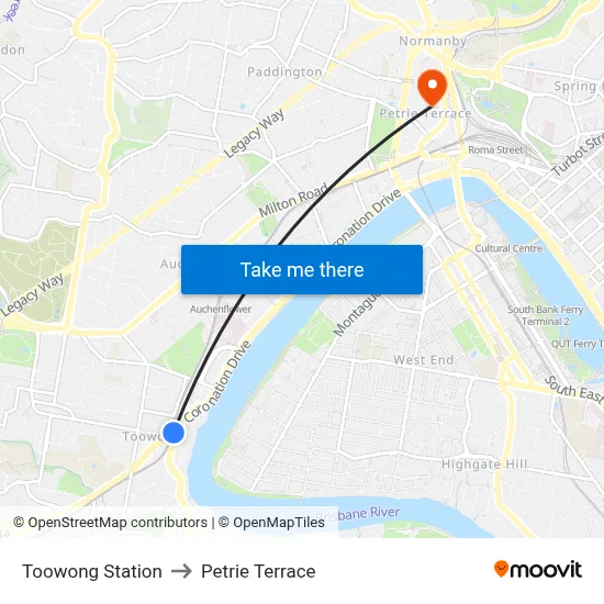 Toowong Station to Petrie Terrace map