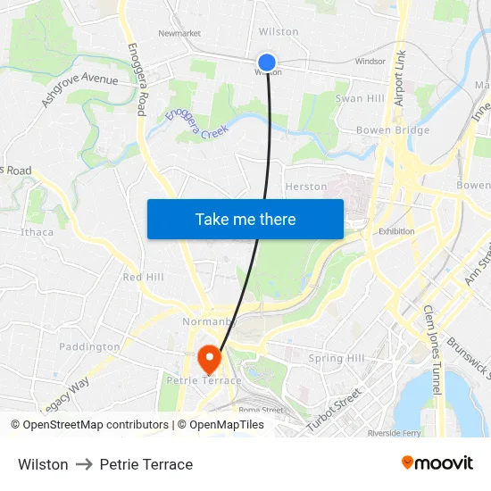 Wilston to Petrie Terrace map