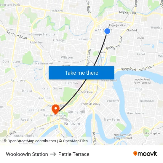 Wooloowin Station to Petrie Terrace map