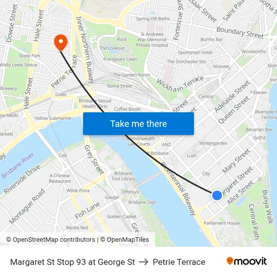 Margaret St Stop 93 at George St to Petrie Terrace map