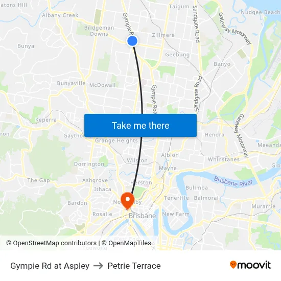 Gympie Rd at Aspley to Petrie Terrace map