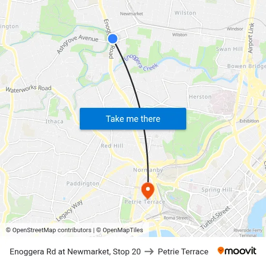 Enoggera Rd at Newmarket, Stop 20 to Petrie Terrace map