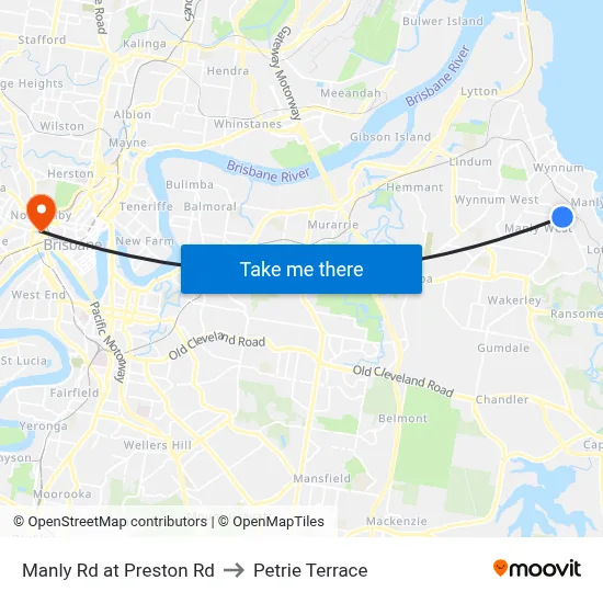 Manly Rd at Preston Rd to Petrie Terrace map