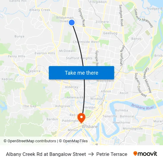 Albany Creek Rd at Bangalow Street to Petrie Terrace map