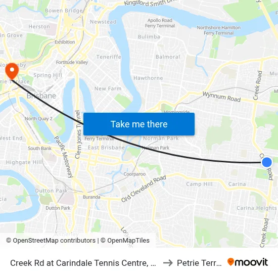 Creek Rd at Carindale Tennis Centre, Stop 46 to Petrie Terrace map