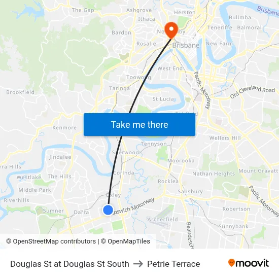 Douglas St at Douglas St South to Petrie Terrace map