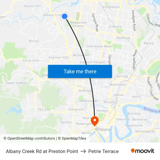 Albany Creek Rd at Preston Point to Petrie Terrace map