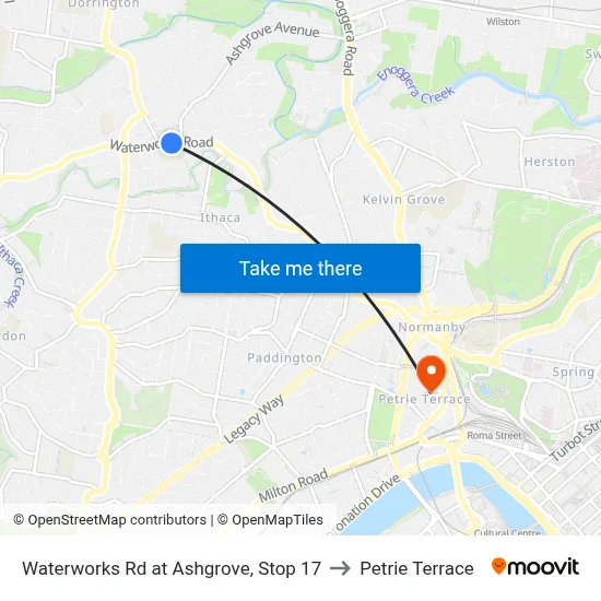 Waterworks Rd at Ashgrove, Stop 17 to Petrie Terrace map