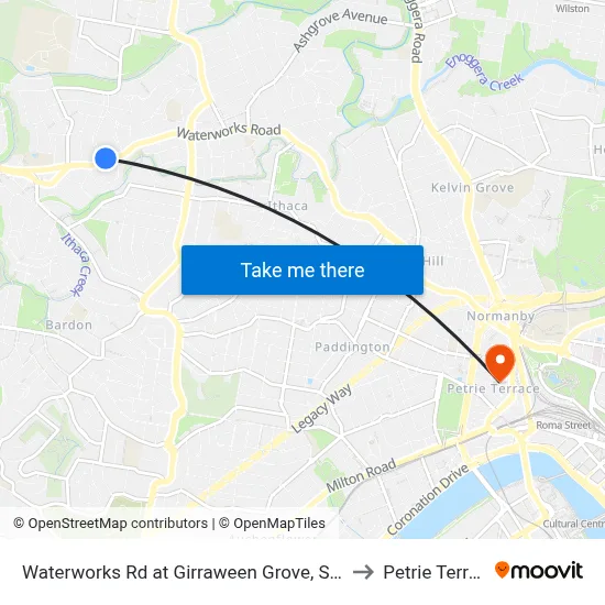 Waterworks Rd at Girraween Grove, Stop 21 to Petrie Terrace map